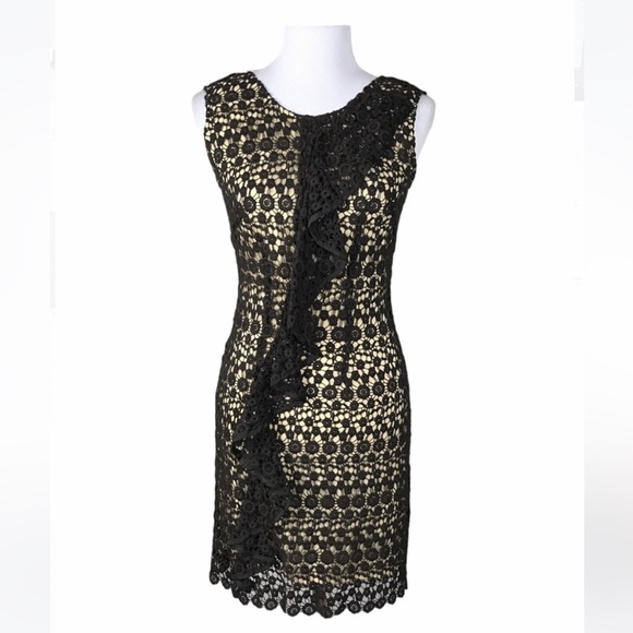 ETCETERA Brown Cream Floral Crochet Sleeveless Ruffle Sheath Dress Size 0 - Picture 1 of 16